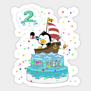 2nd  Birthday Penguin with a boat Sticker